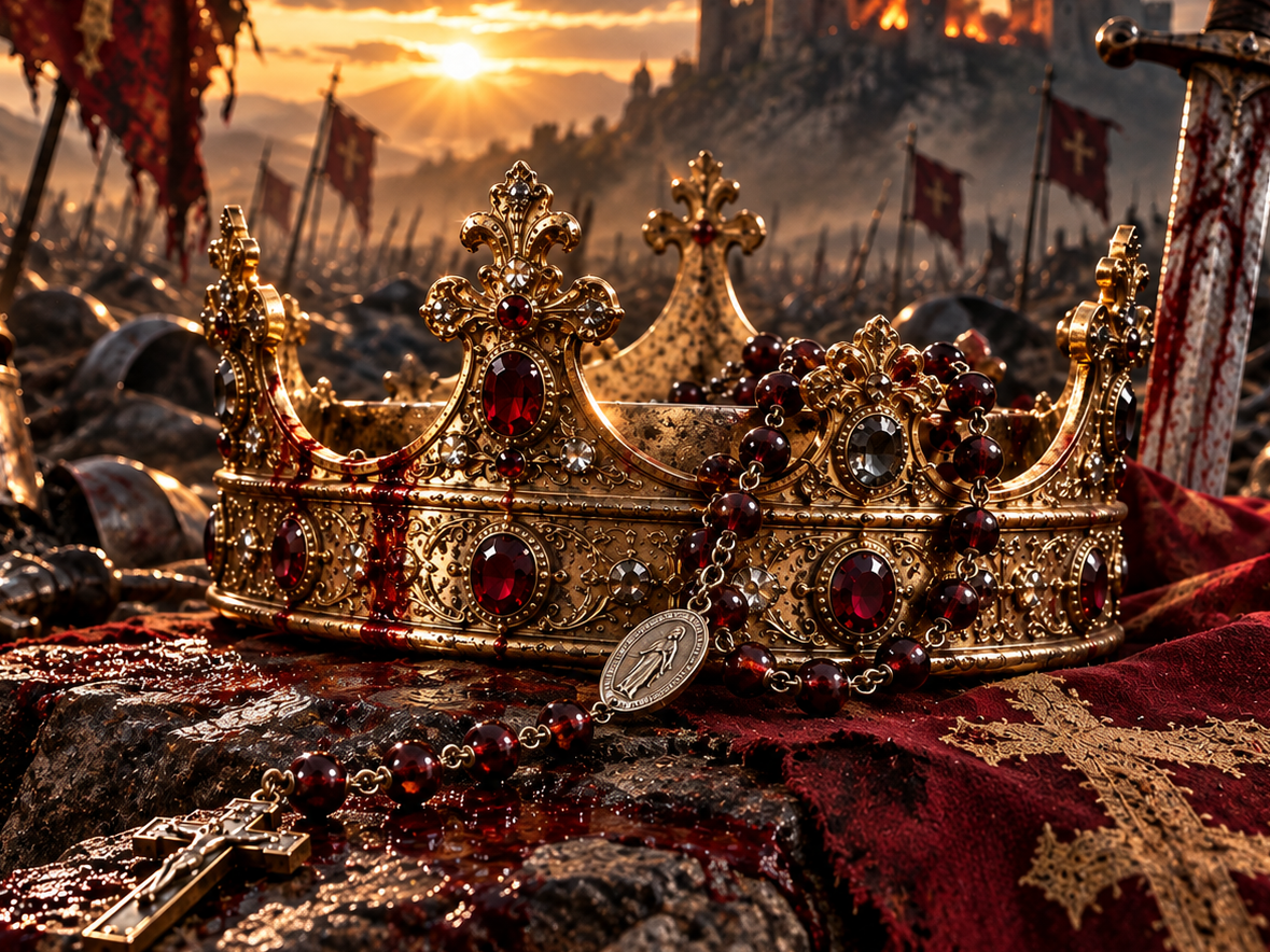 An ornate gold crown with red gemstones and a matching blood-stained rosary lies on a battlefield, surrounded by a helmet, a blood-splattered sword, and a red banner, with a castle and burning ruins in the background at sunset.