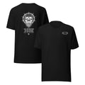 Black t-shirt with a graphic of a classic truck on the back and a logo on the front, displayed on a white background.