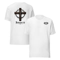 Two white short-sleeve T-shirts shown on a plain white background, displaying the front and back designs. The back shirt features a large dark brown cross with a crown of thorns and the text 'Romans 5:8' in black.