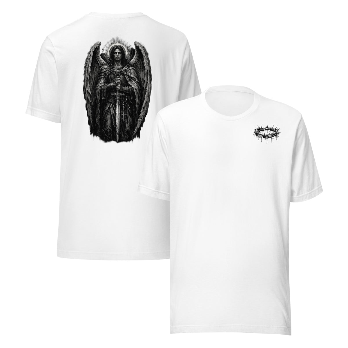 White t-shirt with a graphic of an angel warrior on a white background