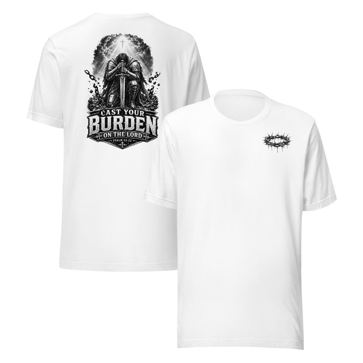 Two white short-sleeve crewneck t-shirts shown on a plain white background, with the back view on the left featuring a large black graphic print and the front view on the right showing a blank design.